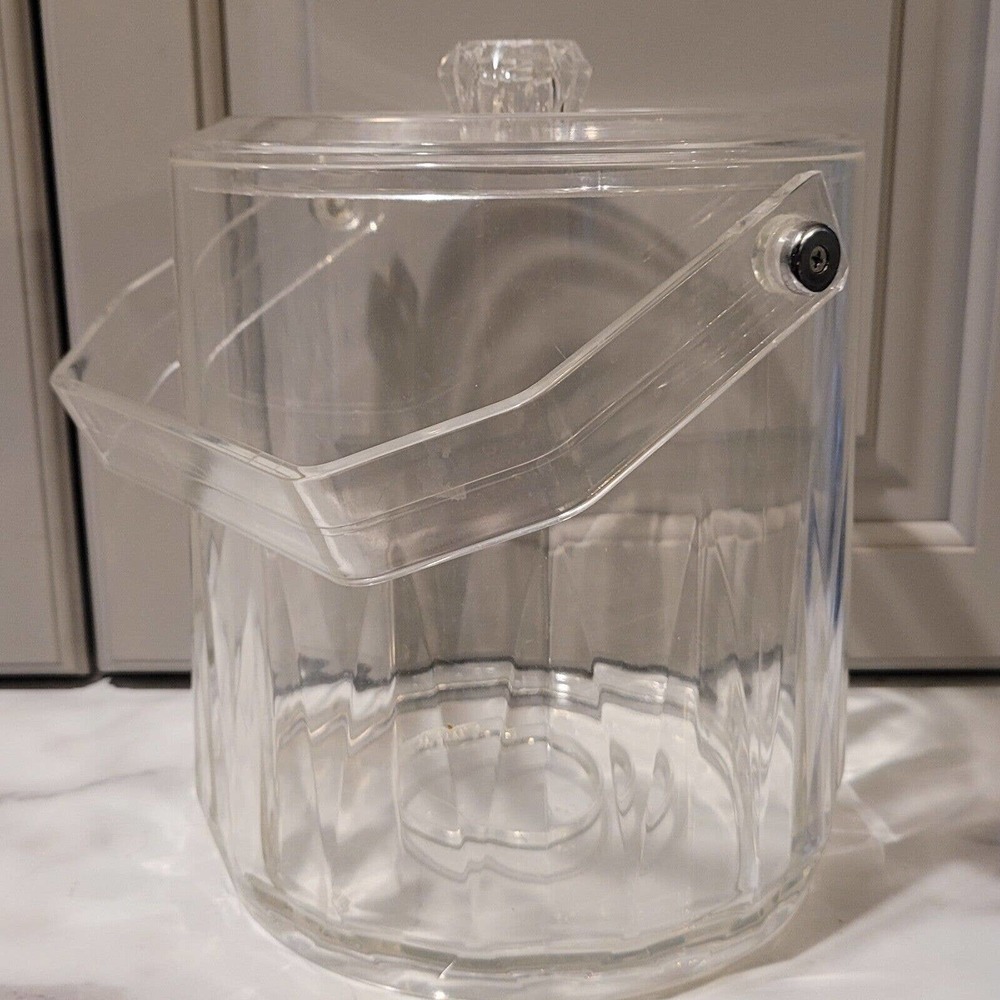 VINTAGE Lucite Ice bucket TOP HANDLE FACETED CROWN CLEAR BARWARE mcm mid century